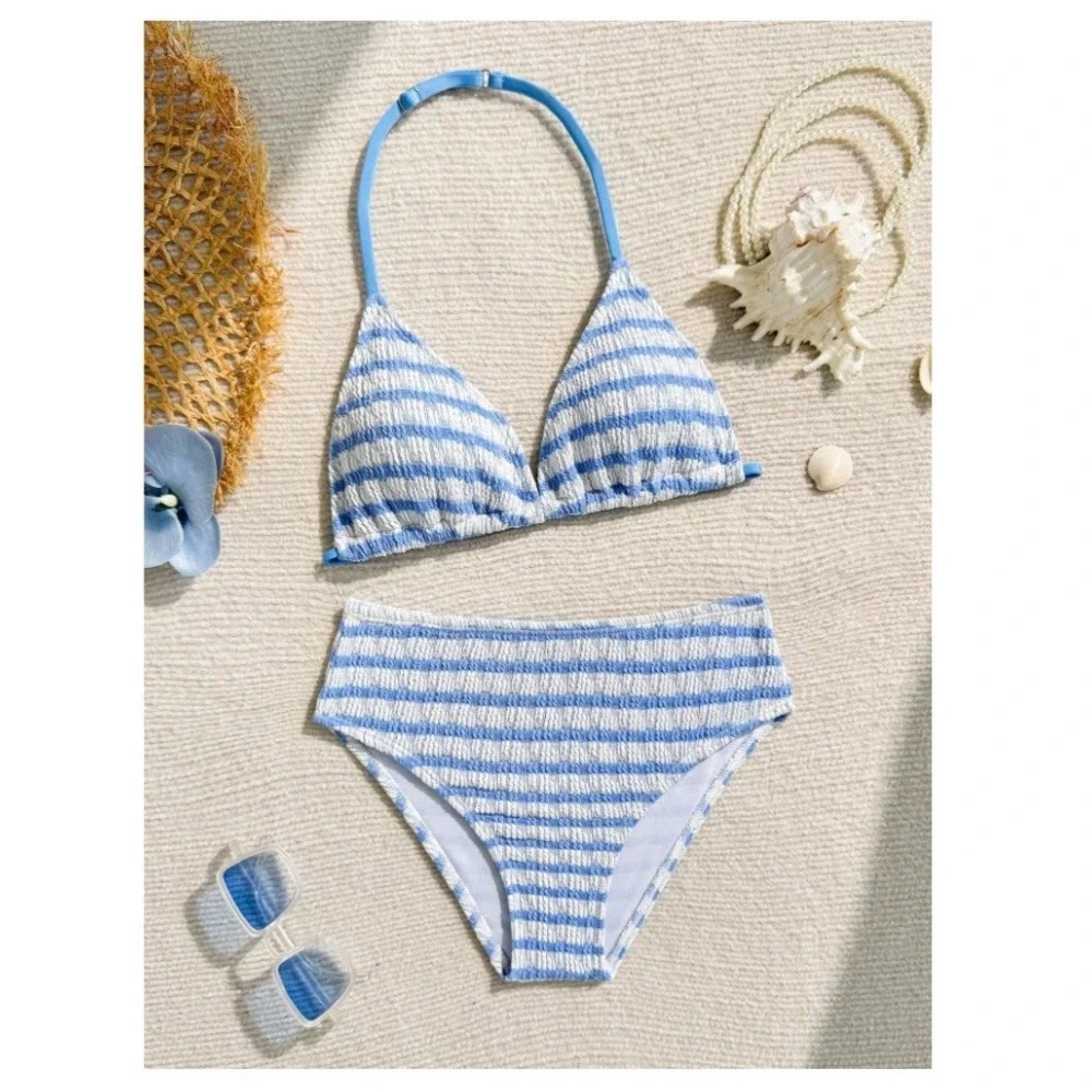 Girls Blue White Striped Smocked Halter Bikini Set Size 11Y